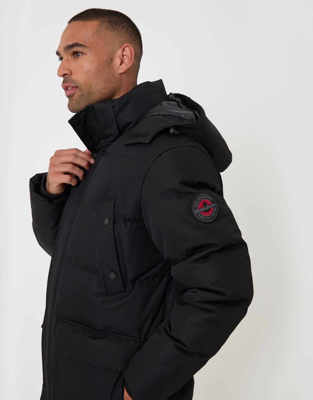 Threadbare Showerproof Hooded Puffer Coat with Adjustable Waist in Black - side view