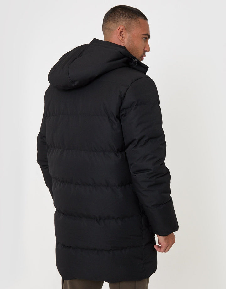 Threadbare Showerproof Hooded Puffer Coat with Adjustable Waist in Black - back view