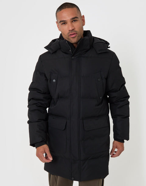 Threadbare Showerproof Hooded Puffer Coat with Adjustable Waist in Black - front zipped
