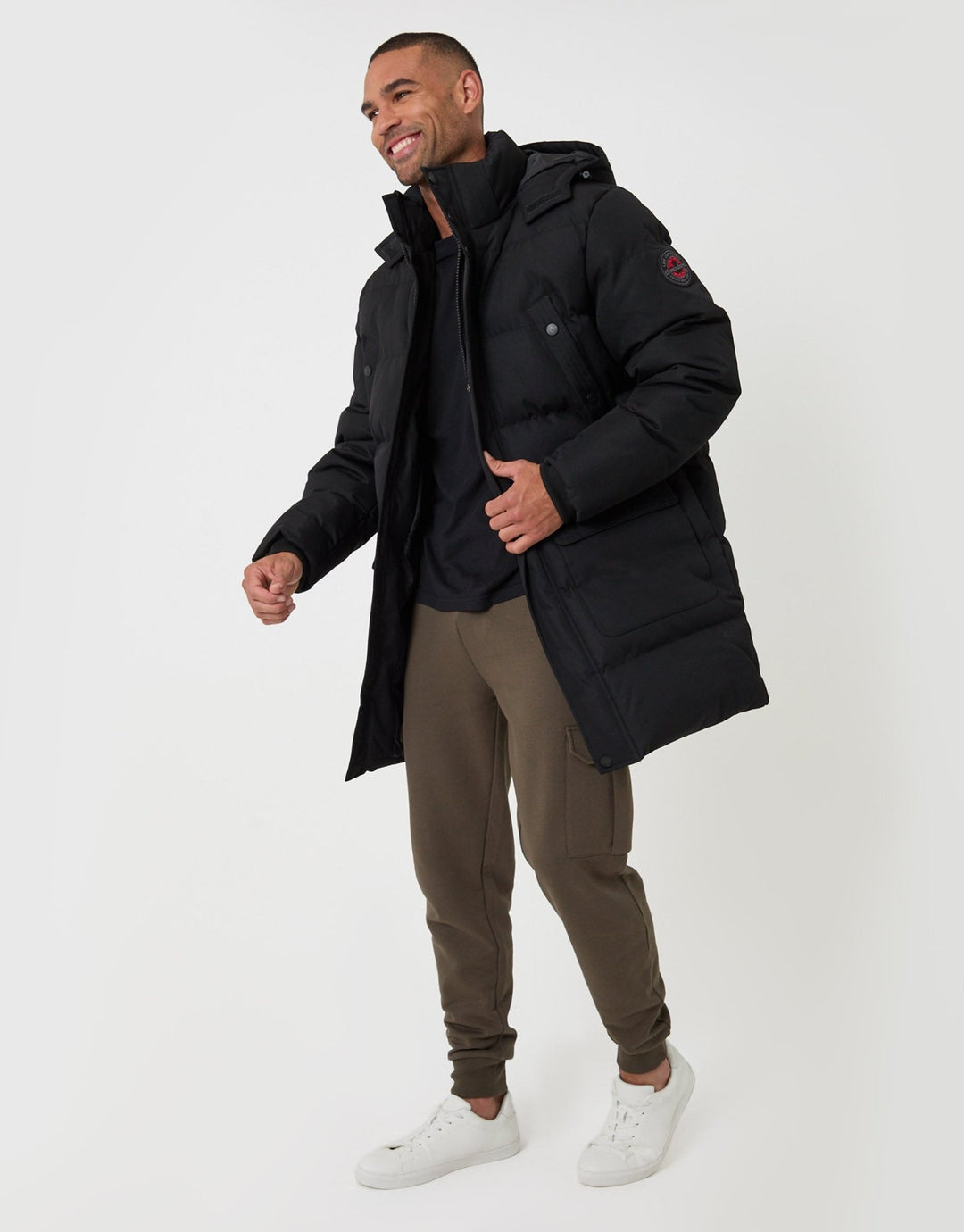 Threadbare Showerproof Hooded Puffer Coat with Adjustable Waist in Black - full body