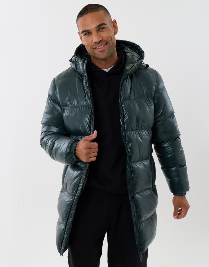 Longline Showerproof Hooded Puffer Coat in Forest Green