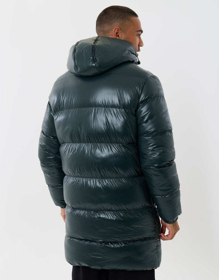 Longline Showerproof Hooded Puffer Coat in Forest Green