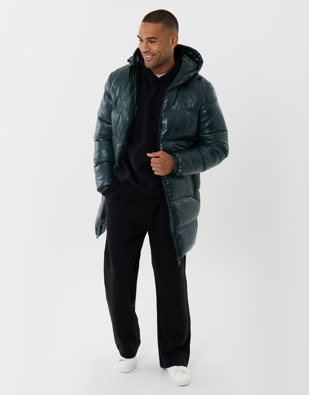 Longline Showerproof Hooded Puffer Coat in Forest Green