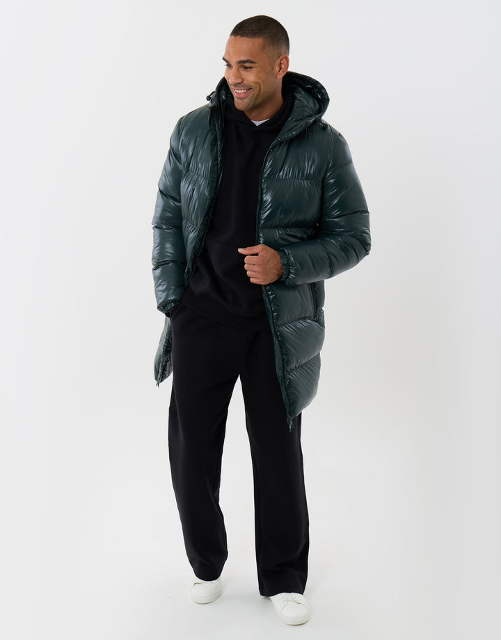 Longline Showerproof Hooded Puffer Coat in Forest Green