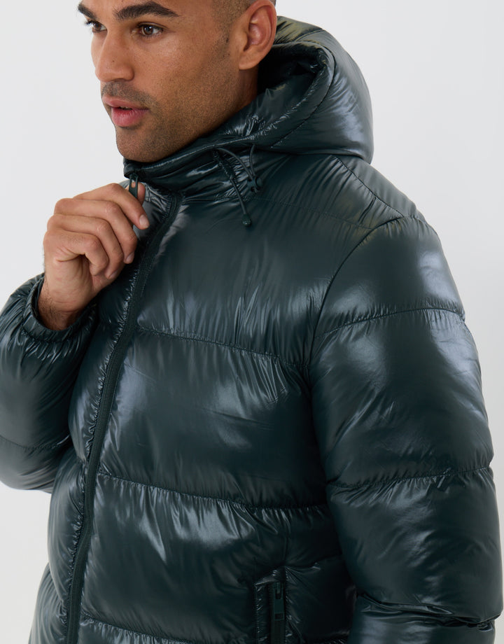 Longline Showerproof Hooded Puffer Coat in Forest Green