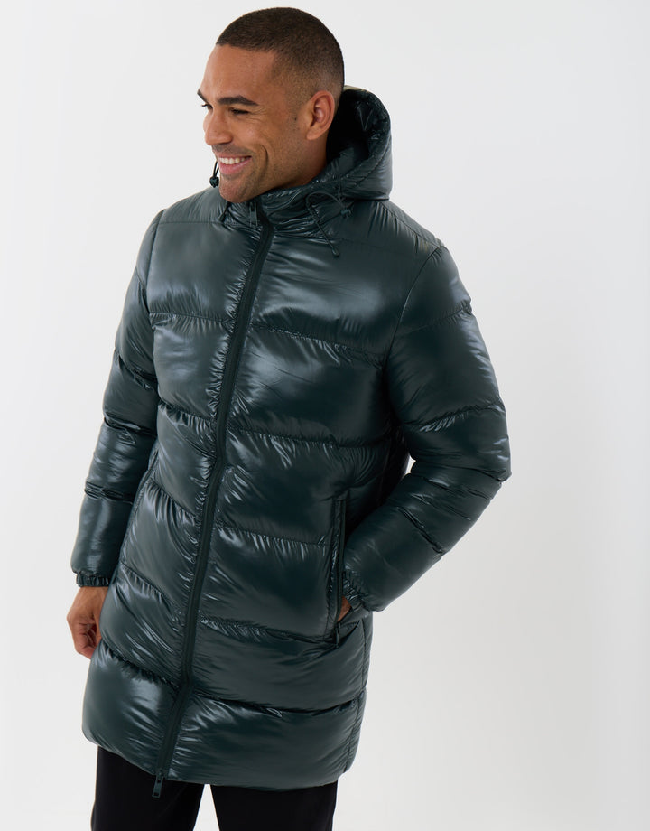Longline Showerproof Hooded Puffer Coat in Forest Green