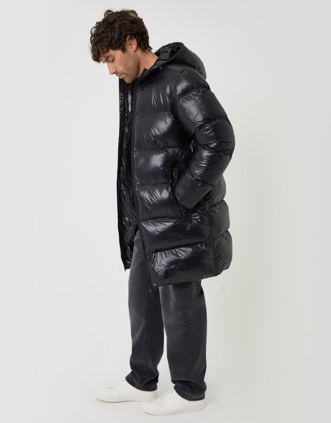 Longline Showerproof Hooded Puffer Coat in Black