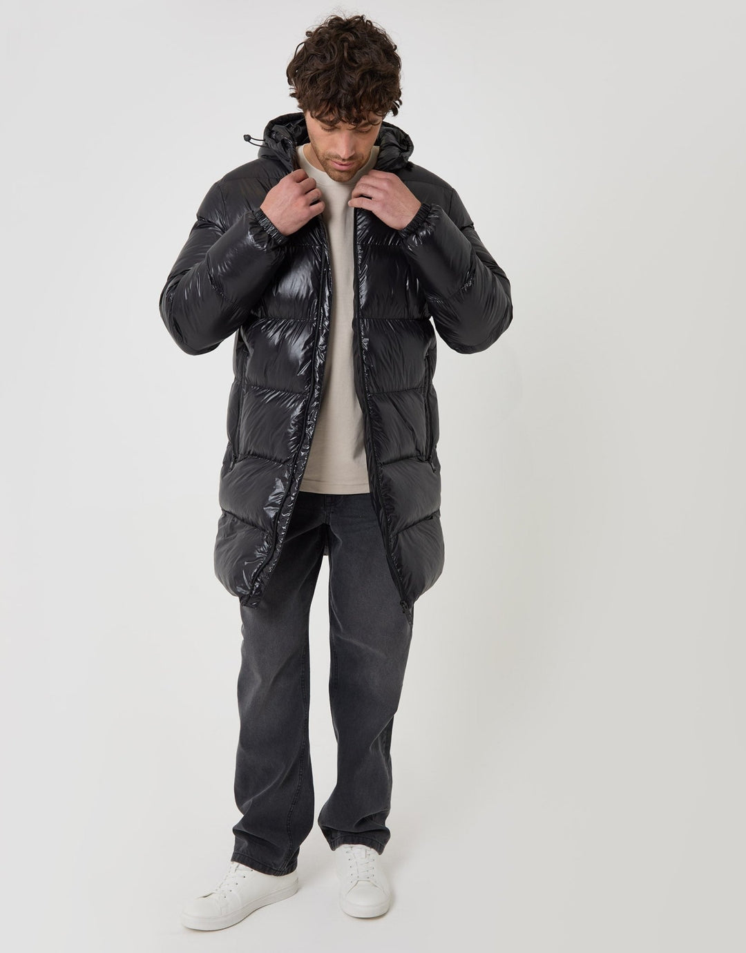 Longline Showerproof Hooded Puffer Coat in Black