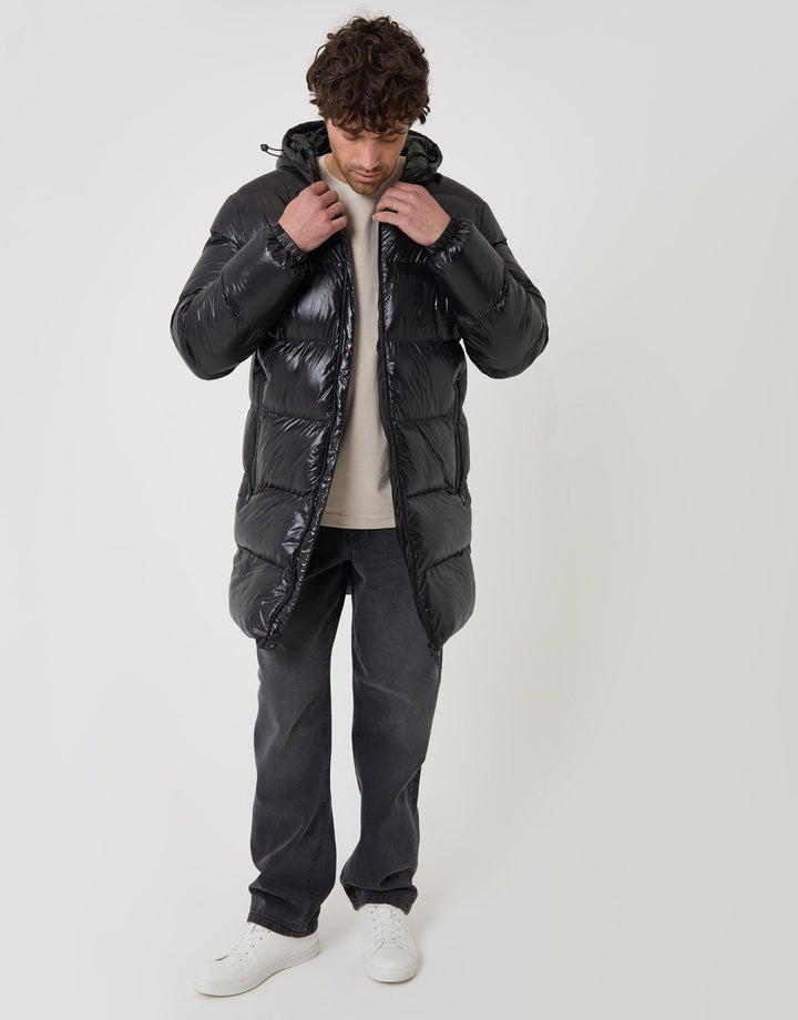 Longline Showerproof Hooded Puffer Coat in Black