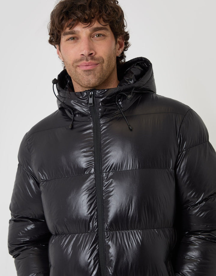 Longline Showerproof Hooded Puffer Coat in Black