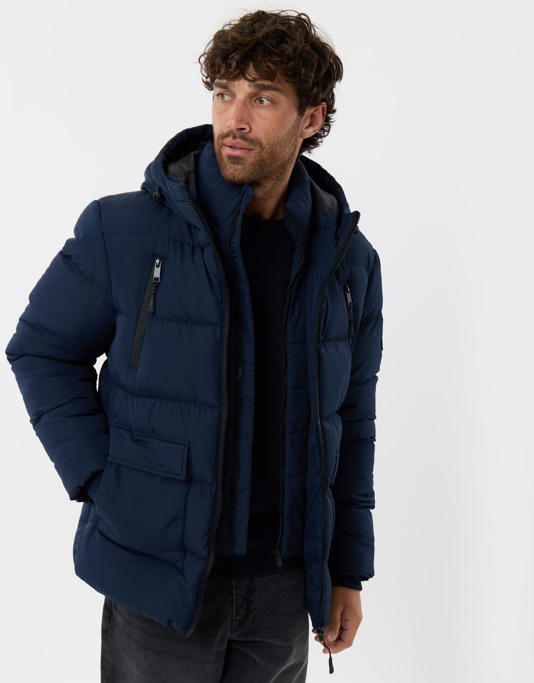 Threadbare Showerproof Padded Double Zip Coat in Navy - front view