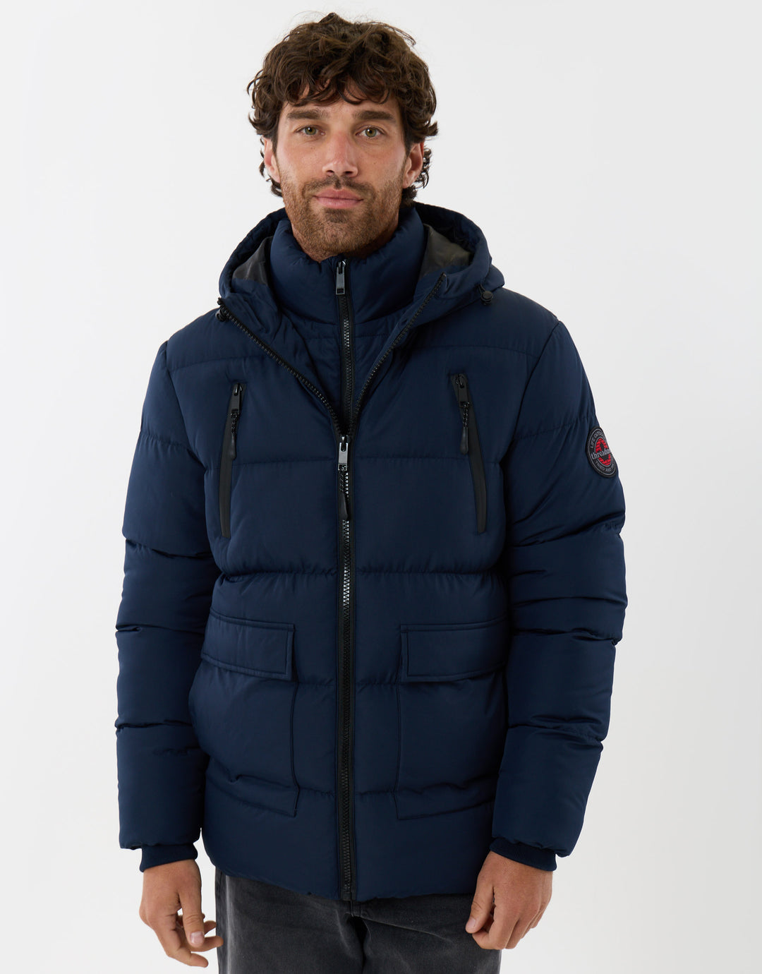 Threadbare Showerproof Padded Double Zip Coat in Navy - front view zipped