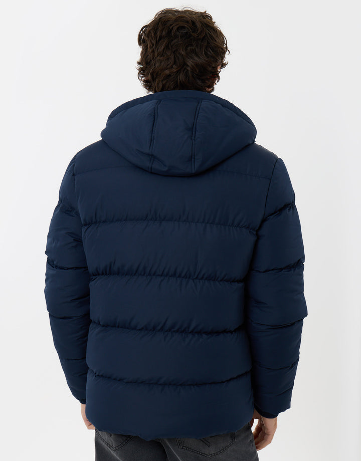 Threadbare Showerproof Padded Double Zip Coat in Navy - back view