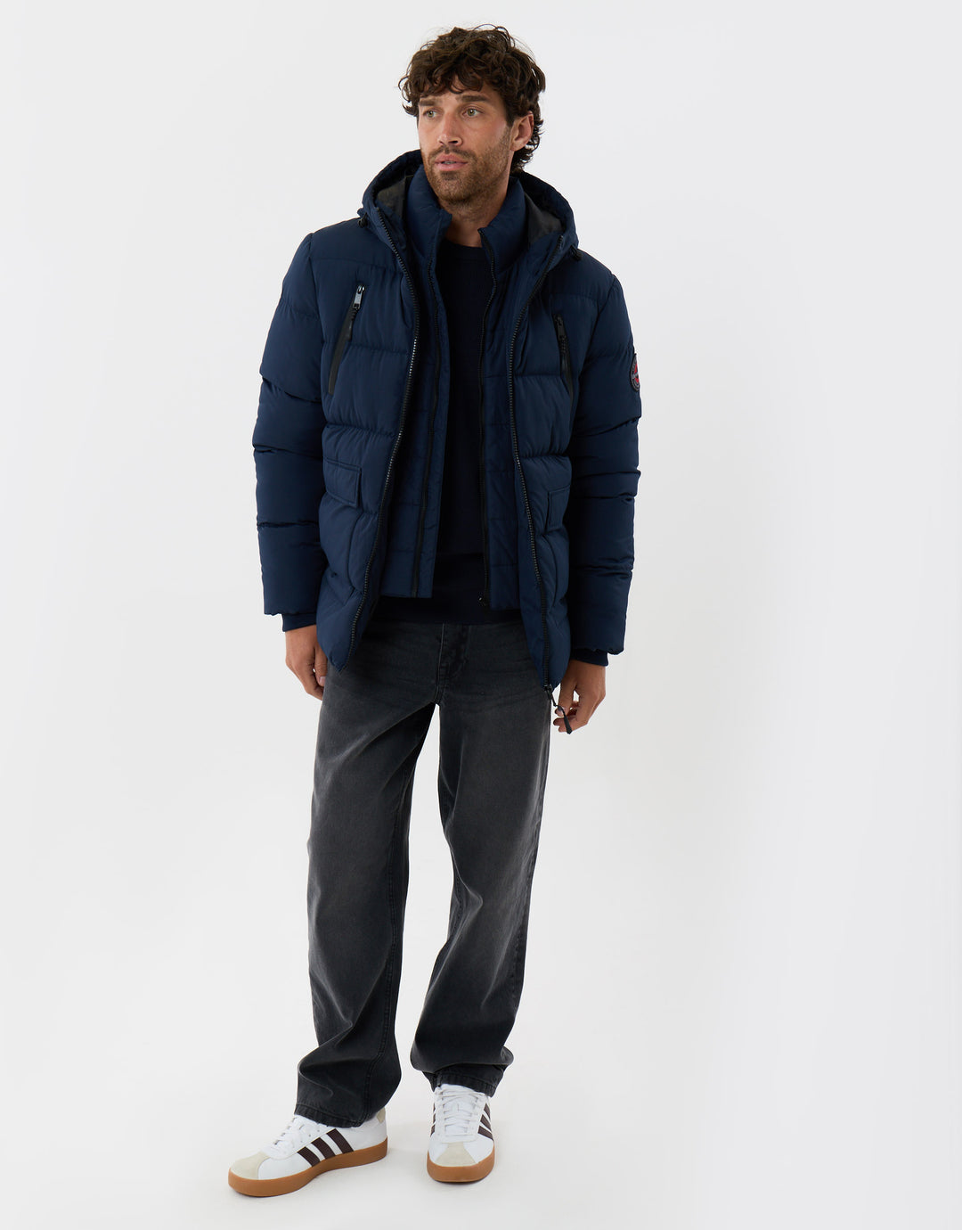 Threadbare Showerproof Padded Double Zip Coat in Navy - full body