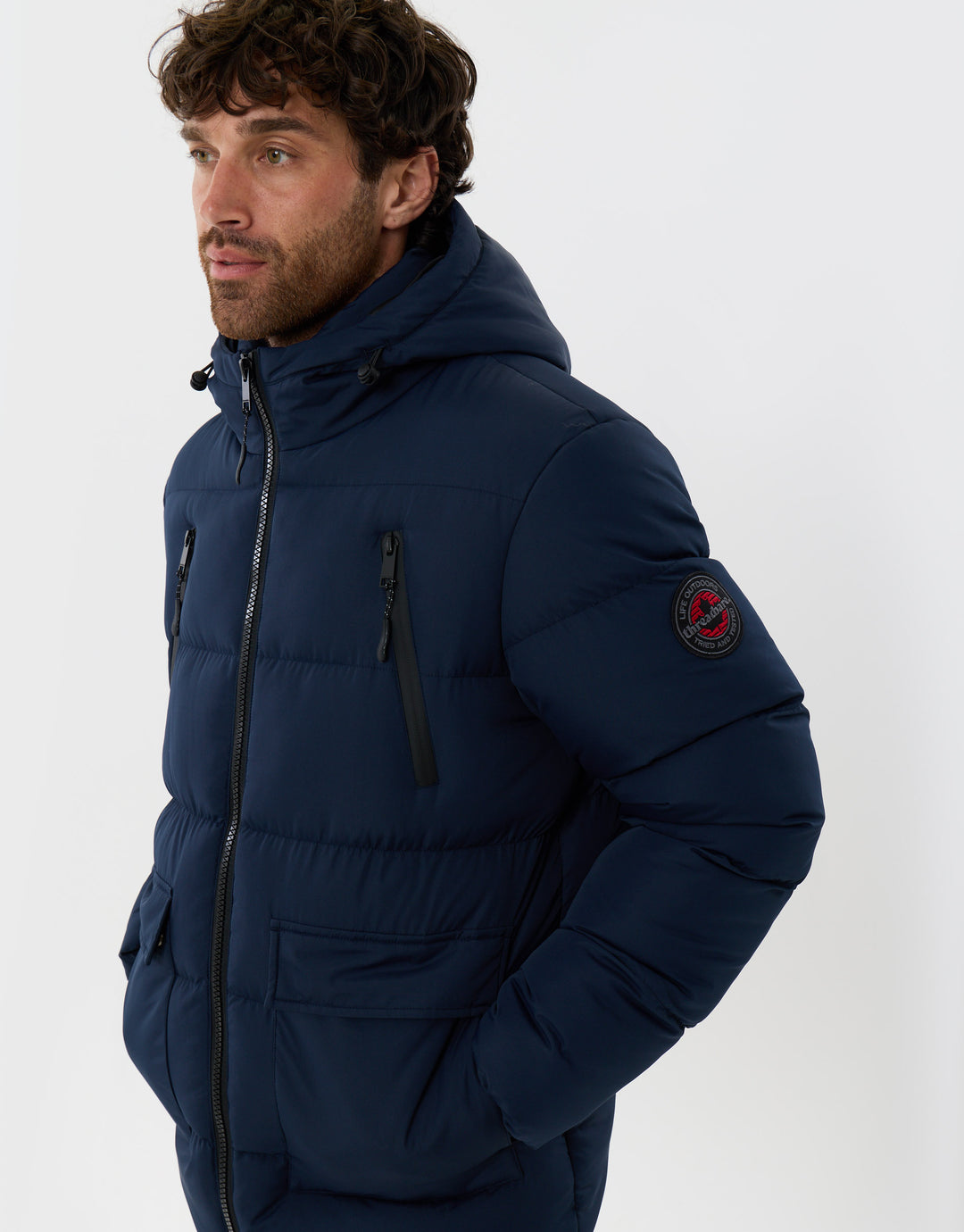 Threadbare Showerproof Padded Double Zip Coat in Navy - side view