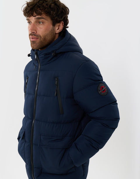 Threadbare Showerproof Padded Double Zip Coat in Navy - side view