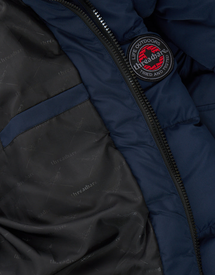 Threadbare Showerproof Padded Double Zip Coat in Navy - lining detail