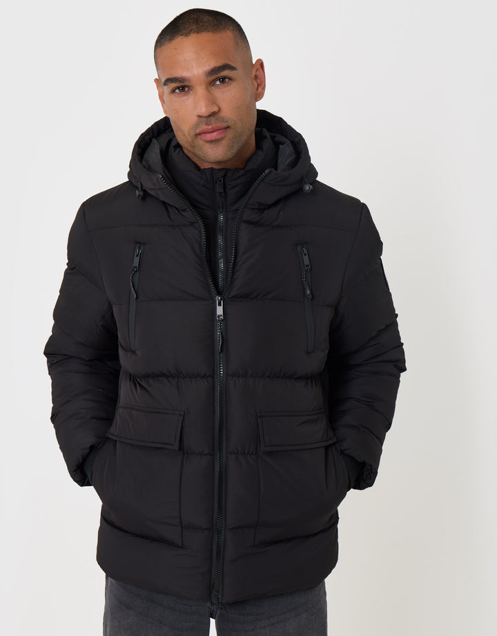 Threadbare Showerproof Padded Double Zip Coat in Black - front view zipped