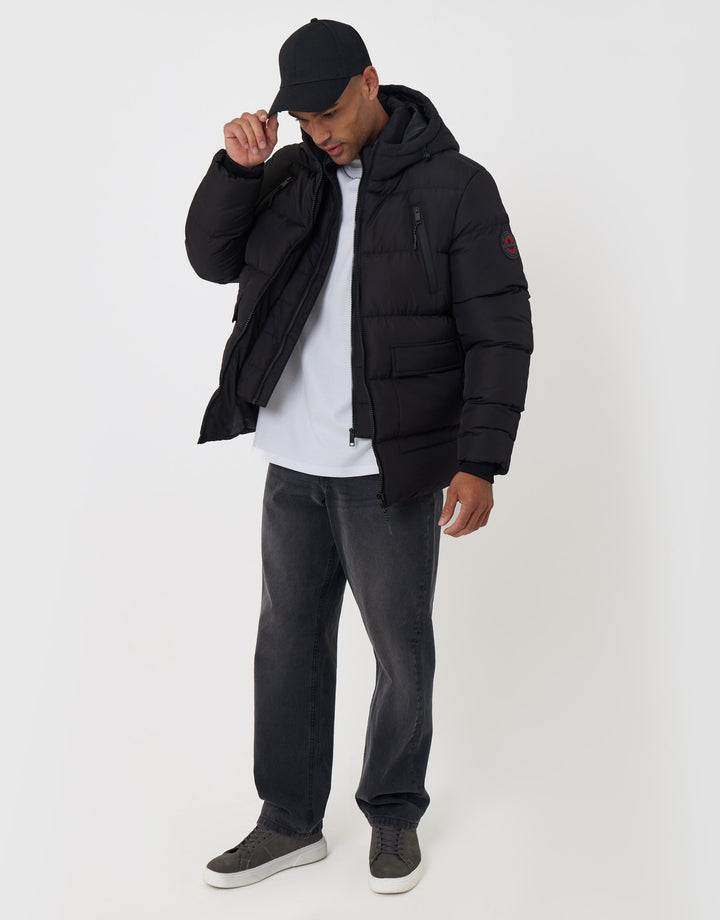Threadbare Showerproof Padded Double Zip Coat in Black - full body