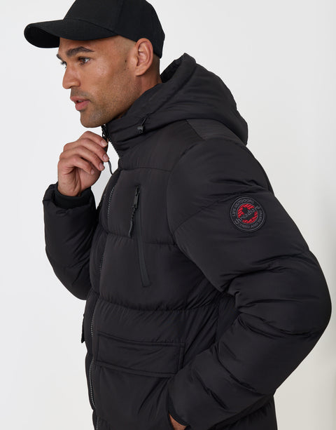 Threadbare Showerproof Padded Double Zip Coat in Black - side view