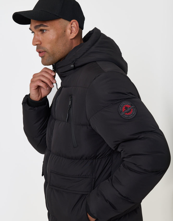 Threadbare Showerproof Padded Double Zip Coat in Black - side view