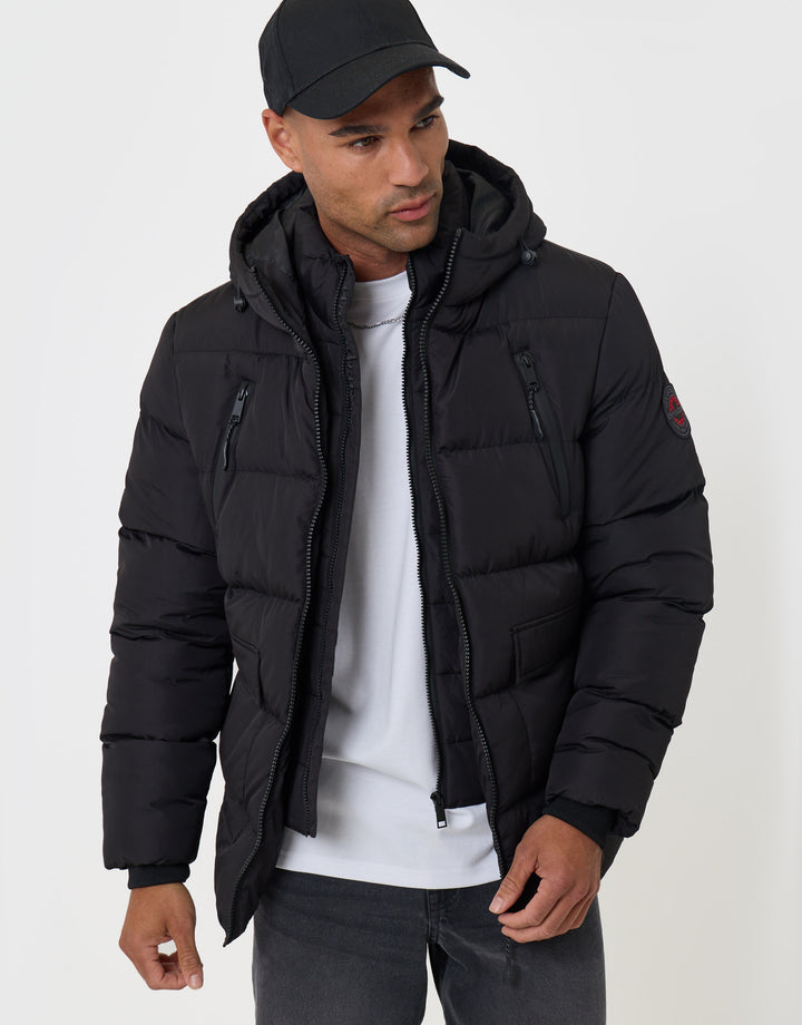 Threadbare Showerproof Padded Double Zip Coat in Black - close up
