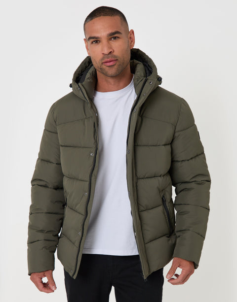 Threadbare Showerproof Hooded Puffer Coat in Khaki - front view unzipped
