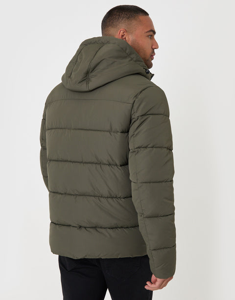 Threadbare Showerproof Hooded Puffer Coat in Khaki - back view