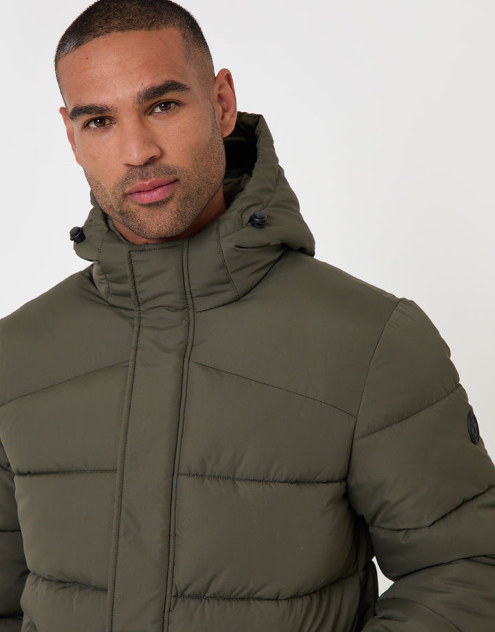Threadbare Showerproof Hooded Puffer Coat in Khaki - close up