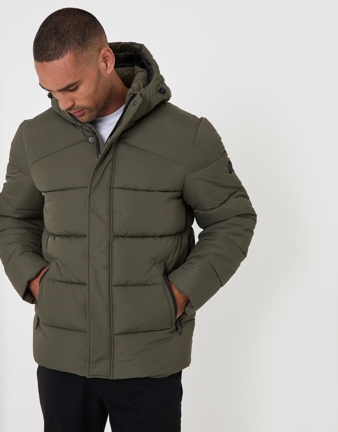 Threadbare Showerproof Hooded Puffer Coat in Khaki - front view zipped