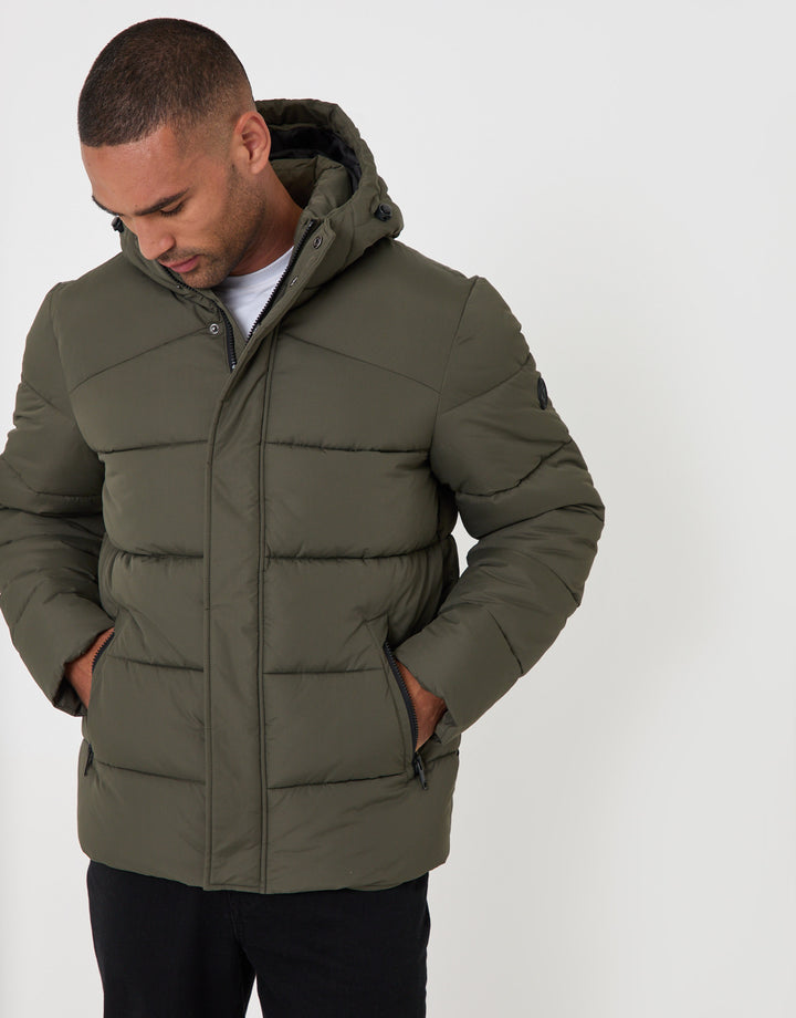 Threadbare Showerproof Hooded Puffer Coat in Khaki - front view zipped