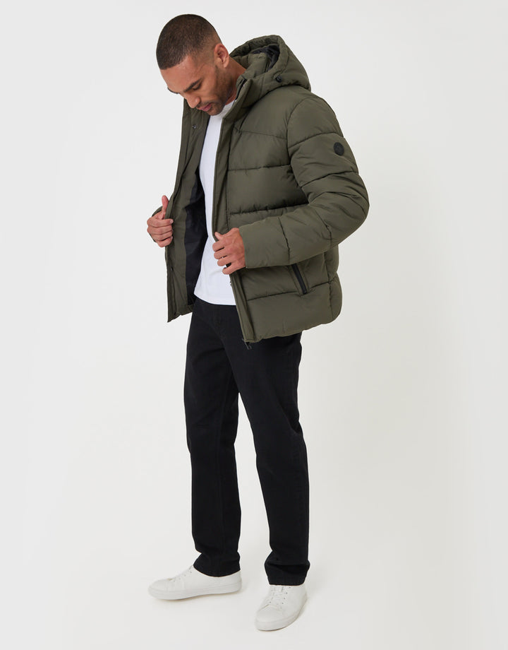 Threadbare Showerproof Hooded Puffer Coat in Khaki - full body