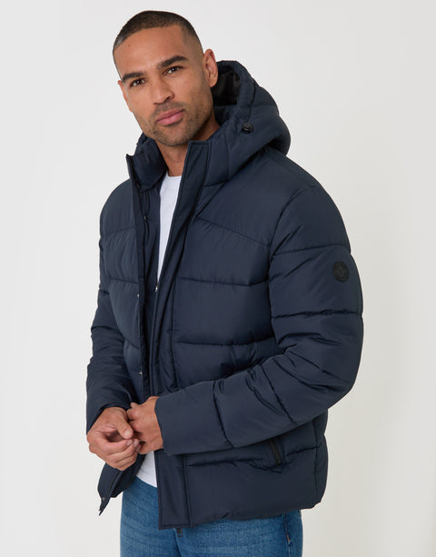 Threadbare Showerproof Hooded Puffer Coat in Navy - front view
