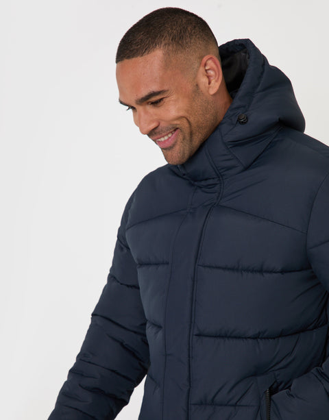 Threadbare Showerproof Hooded Puffer Coat in Navy - close up