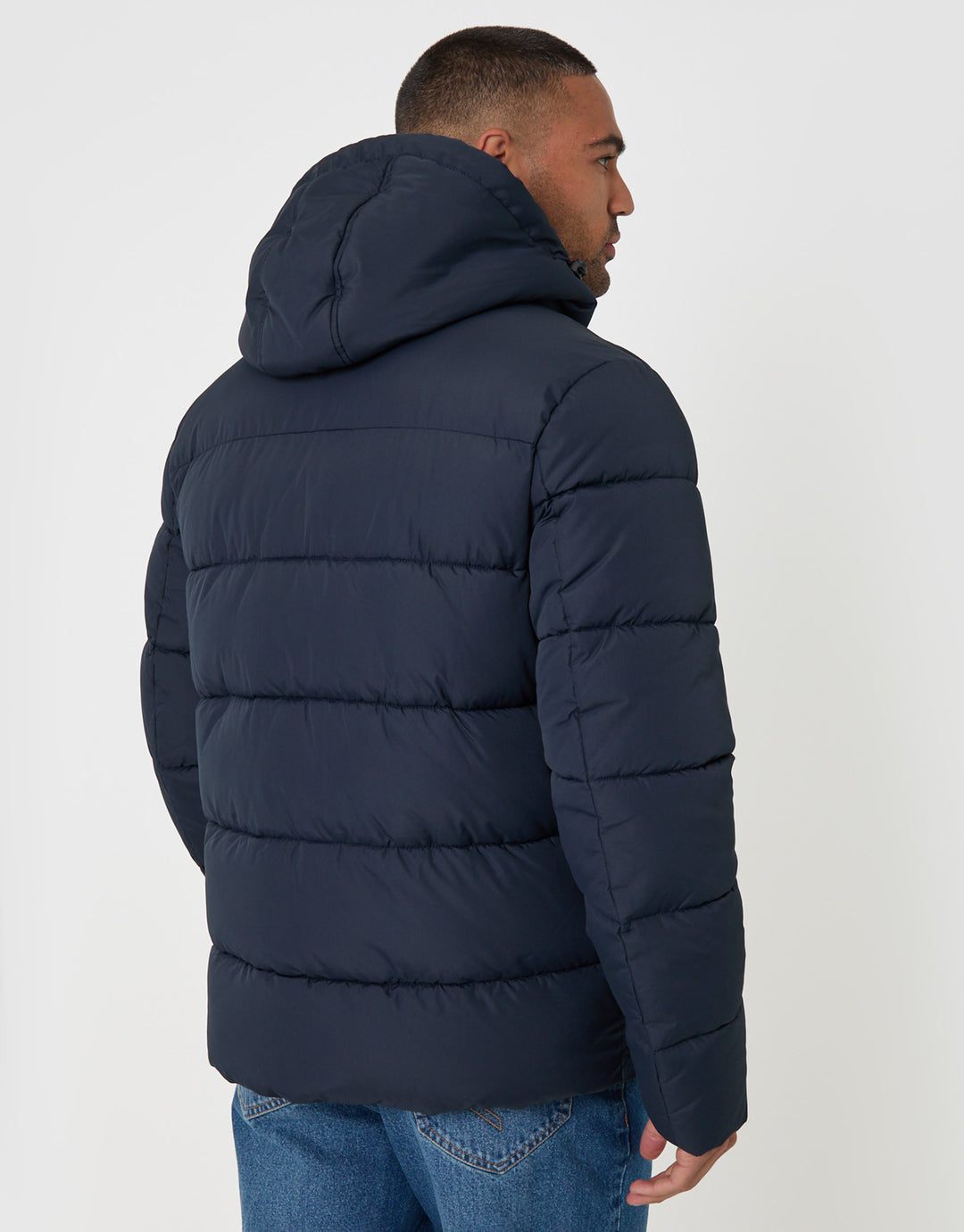 Threadbare Showerproof Hooded Puffer Coat in Navy - back view