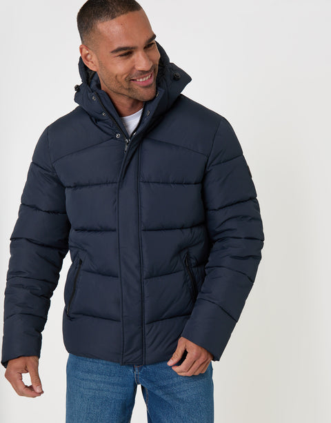 Threadbare Showerproof Hooded Puffer Coat in Navy - front zipped