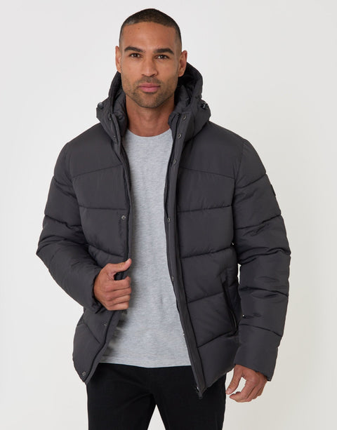 Threadbare Showerproof Hooded Puffer Coat in Slate Grey - unzipped