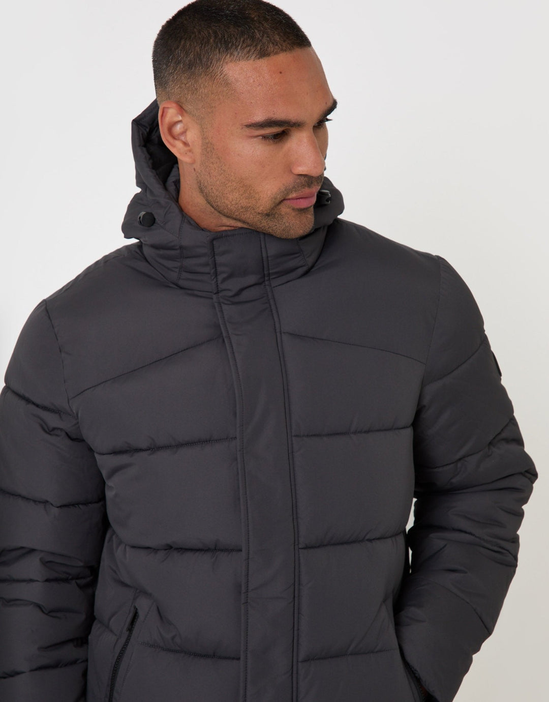 Threadbare Showerproof Hooded Puffer Coat in Slate Grey - close up