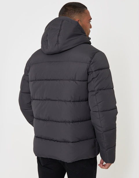 Threadbare Showerproof Hooded Puffer Coat in Slate Grey - back view