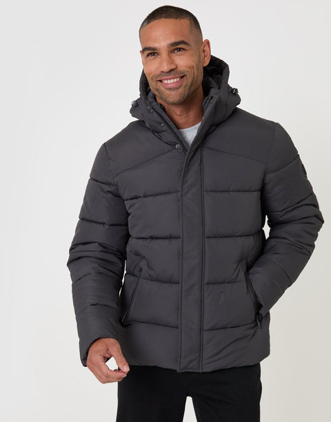 Threadbare Showerproof Hooded Puffer Coat in Slate Grey - front view zipped