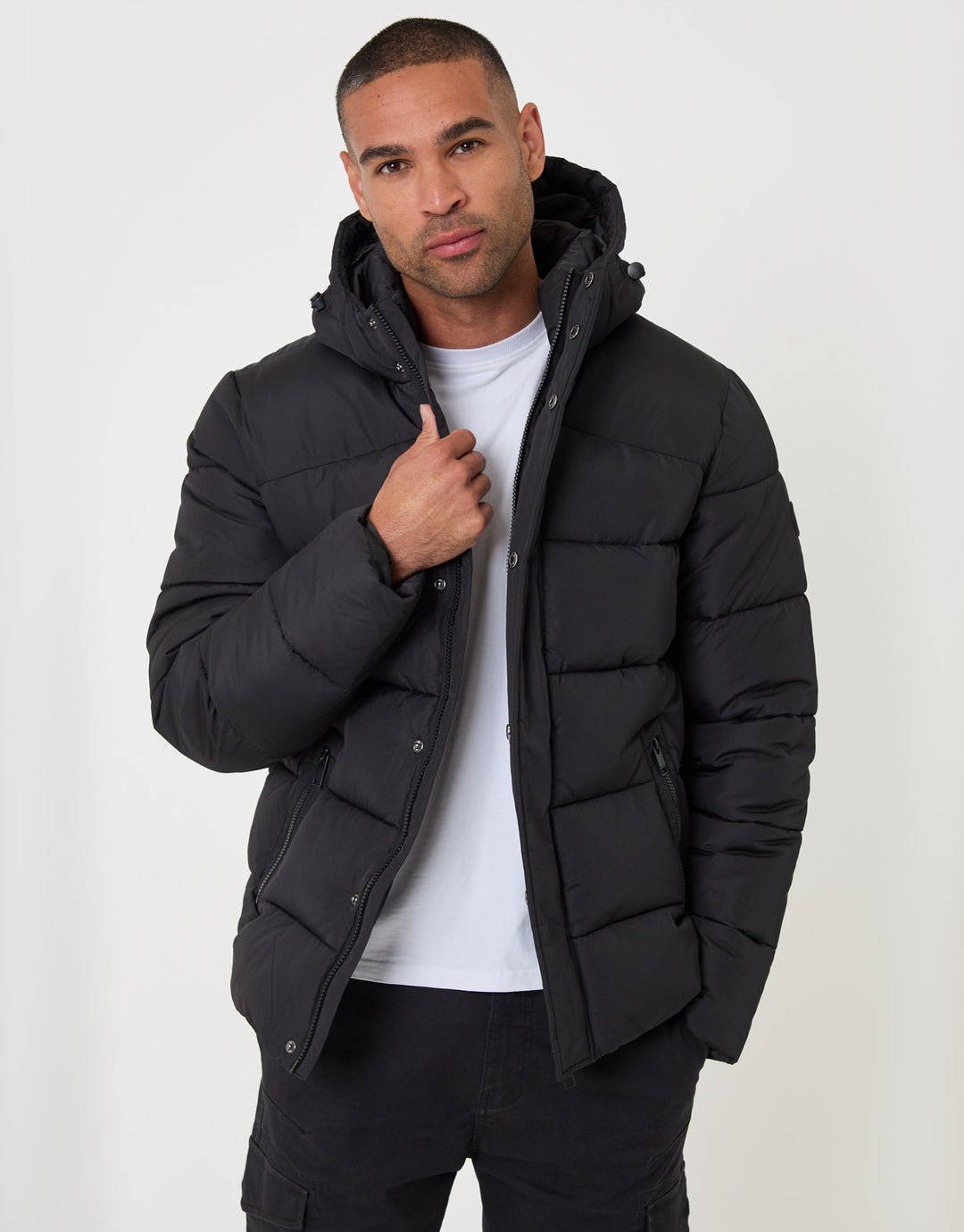 Threadbare Showerproof Hooded Puffer Coat in Black - front view unzipped