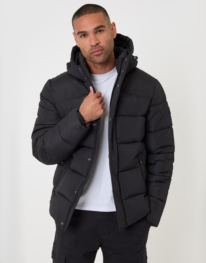 Threadbare Showerproof Hooded Puffer Coat in Black - front view unzipped