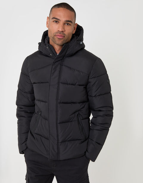 Threadbare Showerproof Hooded Puffer Coat in Black - front view