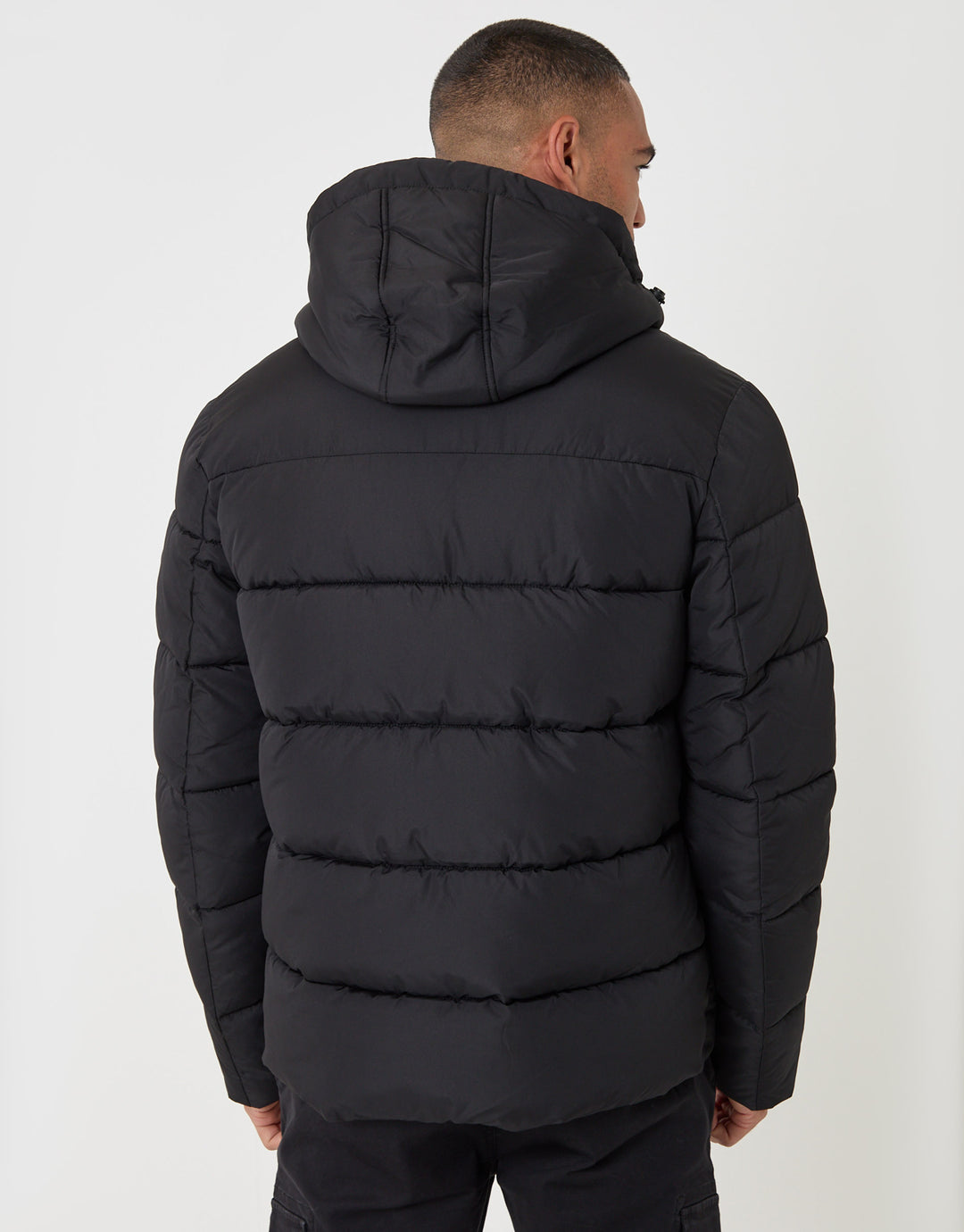 Threadbare Showerproof Hooded Puffer Coat in Black - back view