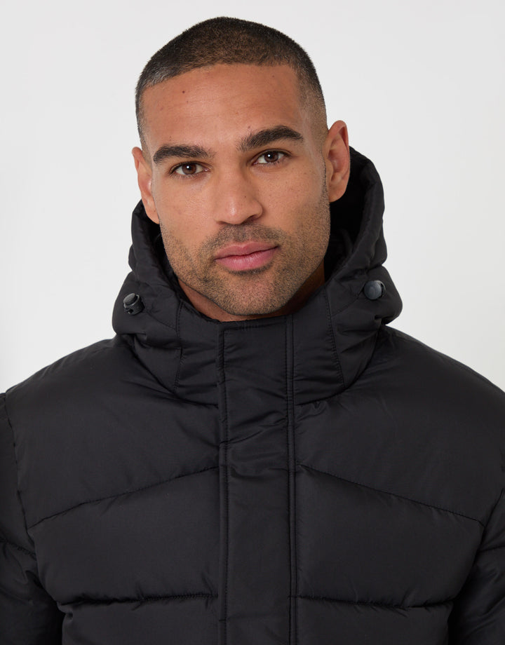 Threadbare Showerproof Hooded Puffer Coat in Black - detail