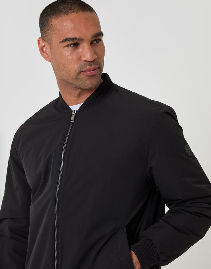 Threadbare Showerproof Padded Bomber Jacket in Black - front zipped up