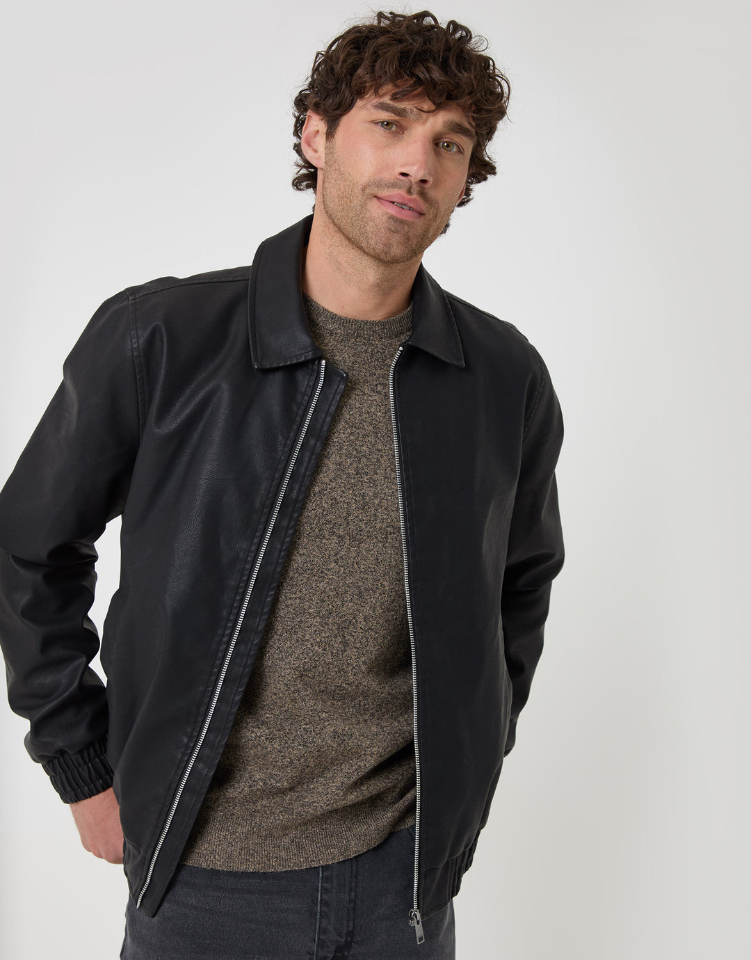 Threadbare Faux Leather Collared Jacket in Black - front view