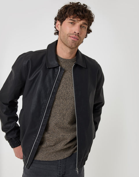 Threadbare Faux Leather Collared Jacket in Black - front view