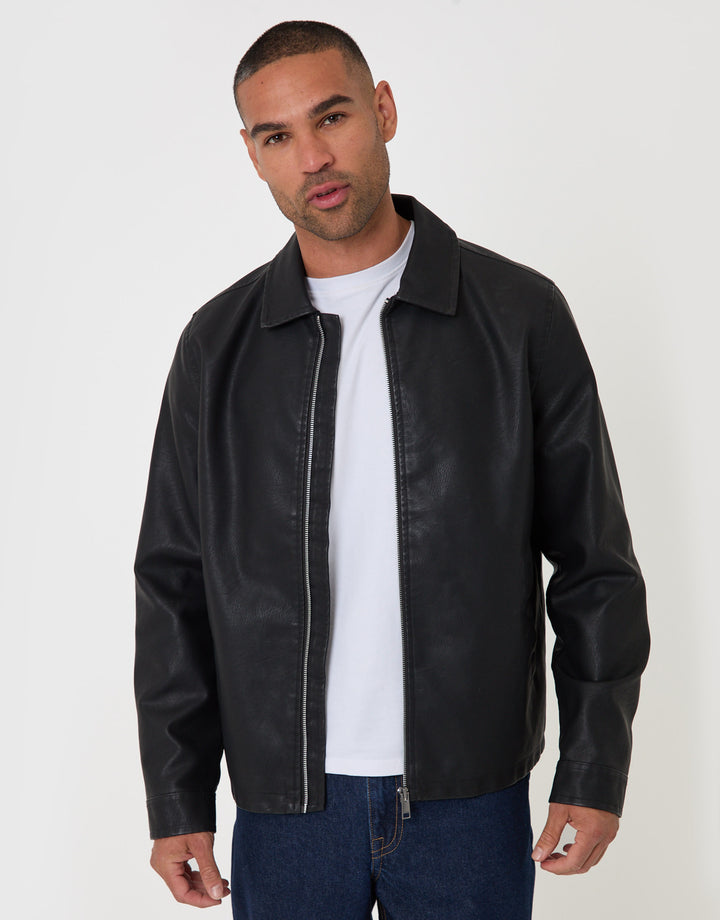 Threadbare Faux Leather Zip Up Collared Jacket in Black - front view unzipped