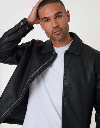 Threadbare Faux Leather Zip Up Collared Jacket in Black - front close